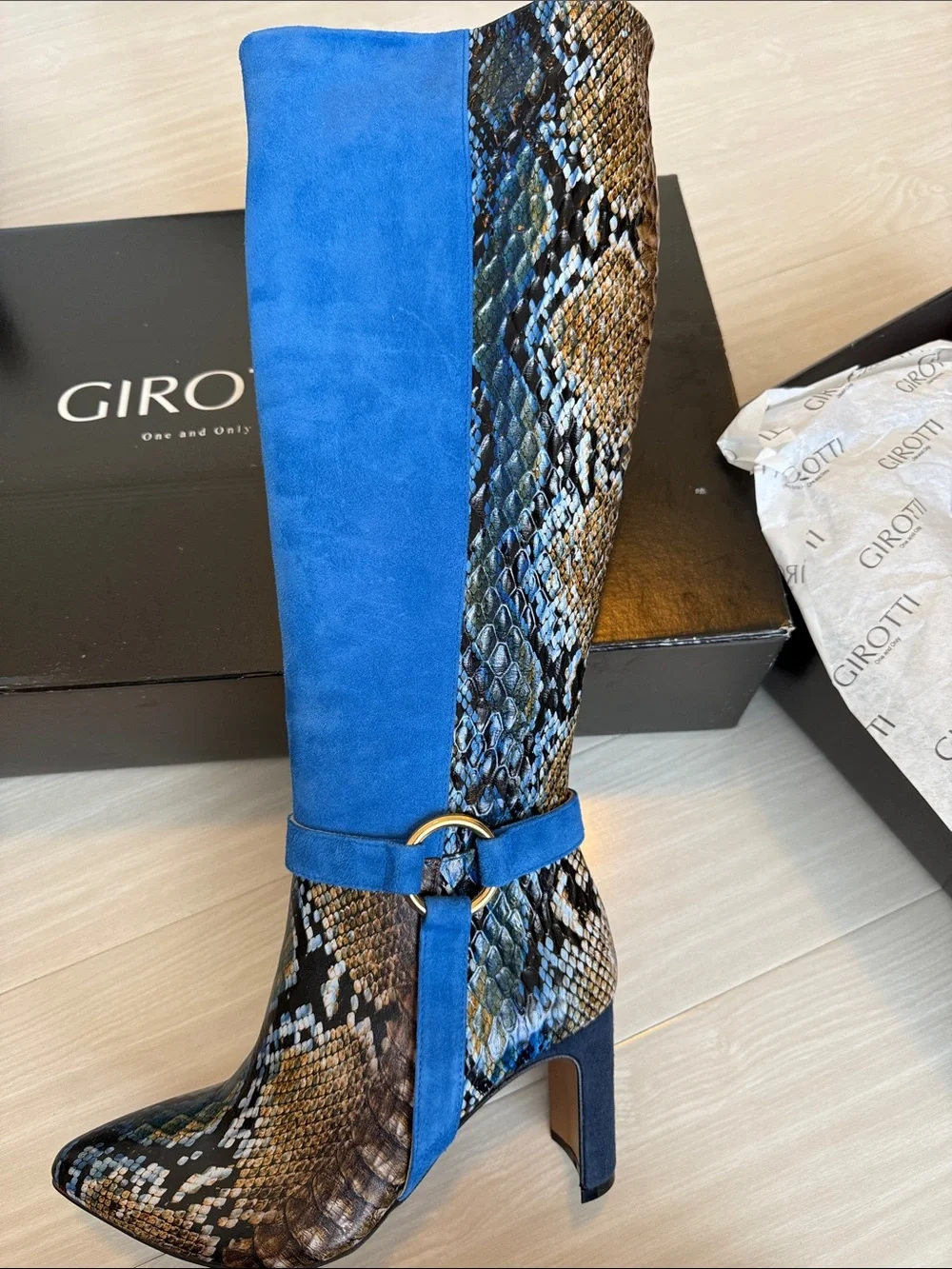 Blue Suede & Snakeskin Over-the-Knee Boot with Buckle Detail